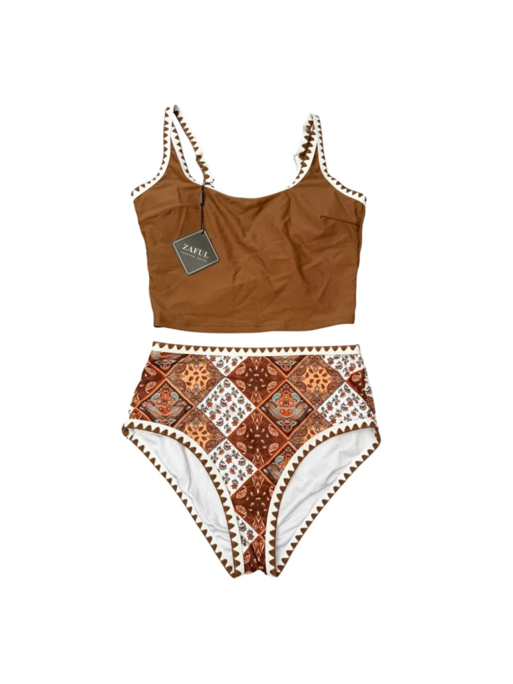 NWT ZAFUL Medium Brown Boho Patchwork High Waist Two Piece Swimsuit
